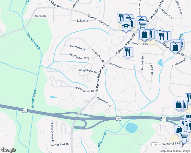 map of restaurants, bars, coffee shops, grocery stores, and more near 232 Barrington Place in Winston-Salem