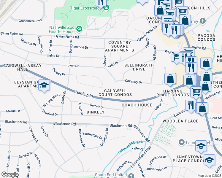 map of restaurants, bars, coffee shops, grocery stores, and more near 550 Harding Place in Nashville