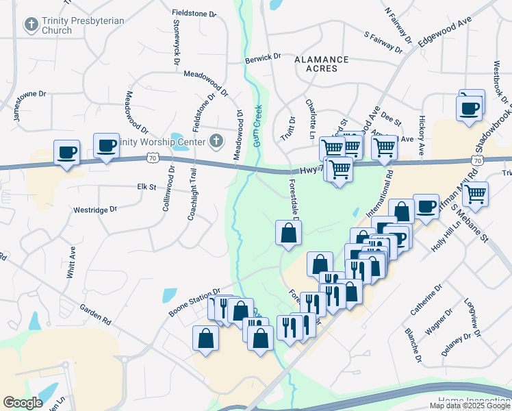 map of restaurants, bars, coffee shops, grocery stores, and more near 3487 Forestdale Drive in Burlington