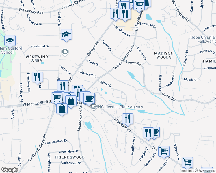 map of restaurants, bars, coffee shops, grocery stores, and more near 303 Village Lane in Greensboro