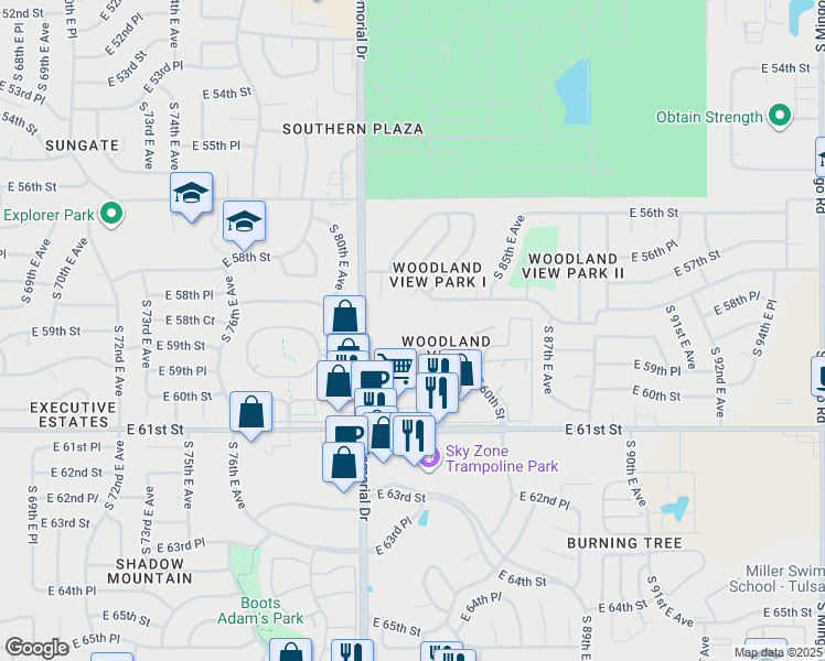 map of restaurants, bars, coffee shops, grocery stores, and more near 8201 East 60th Street in Tulsa
