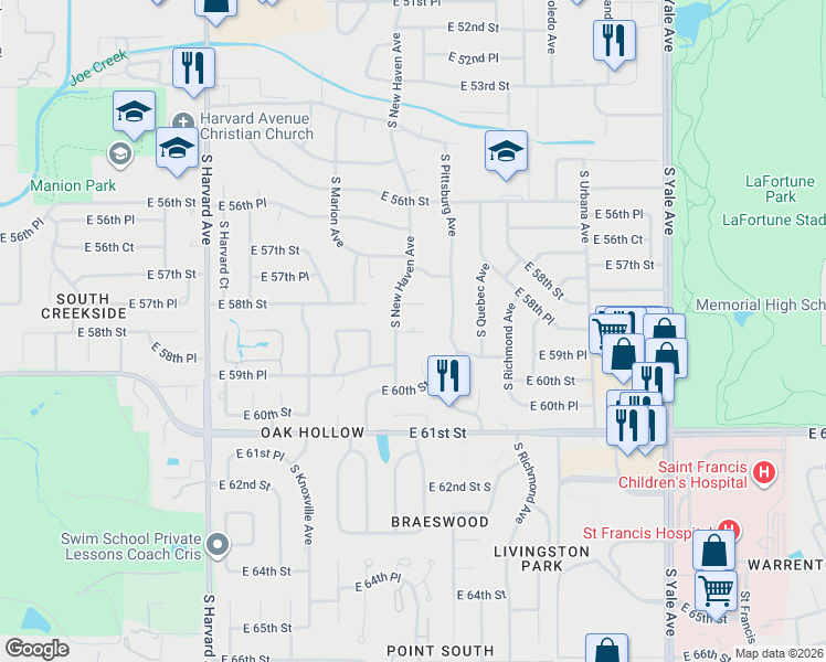 map of restaurants, bars, coffee shops, grocery stores, and more near 5911 South New Haven Avenue in Tulsa