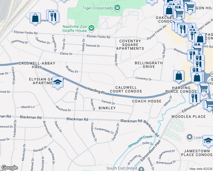 map of restaurants, bars, coffee shops, grocery stores, and more near 307 Gaywood Drive in Nashville