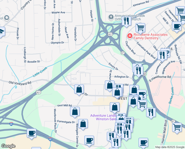 map of restaurants, bars, coffee shops, grocery stores, and more near 3333 Arlington Drive in Winston-Salem