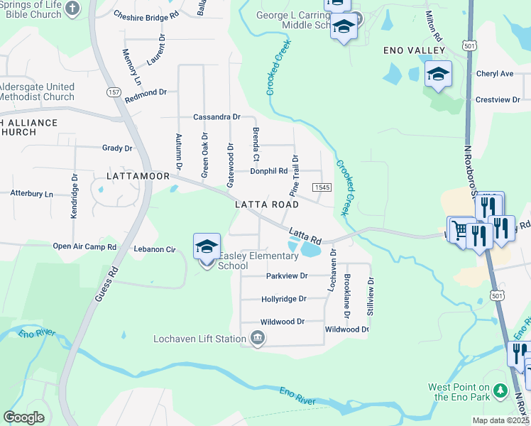 map of restaurants, bars, coffee shops, grocery stores, and more near 404 Latta Road in Durham