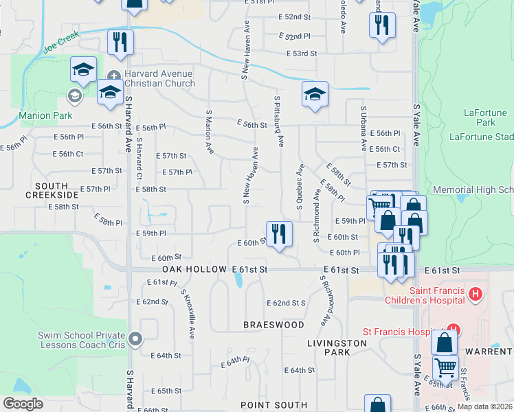 map of restaurants, bars, coffee shops, grocery stores, and more near 5911 South New Haven Avenue in Tulsa
