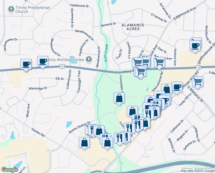 map of restaurants, bars, coffee shops, grocery stores, and more near 3487 Forestdale Drive in Burlington