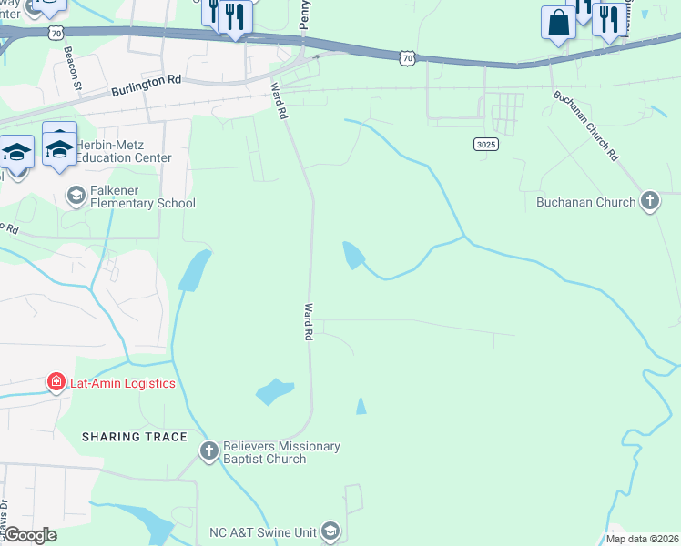 map of restaurants, bars, coffee shops, grocery stores, and more near 123 Ward Road in Greensboro