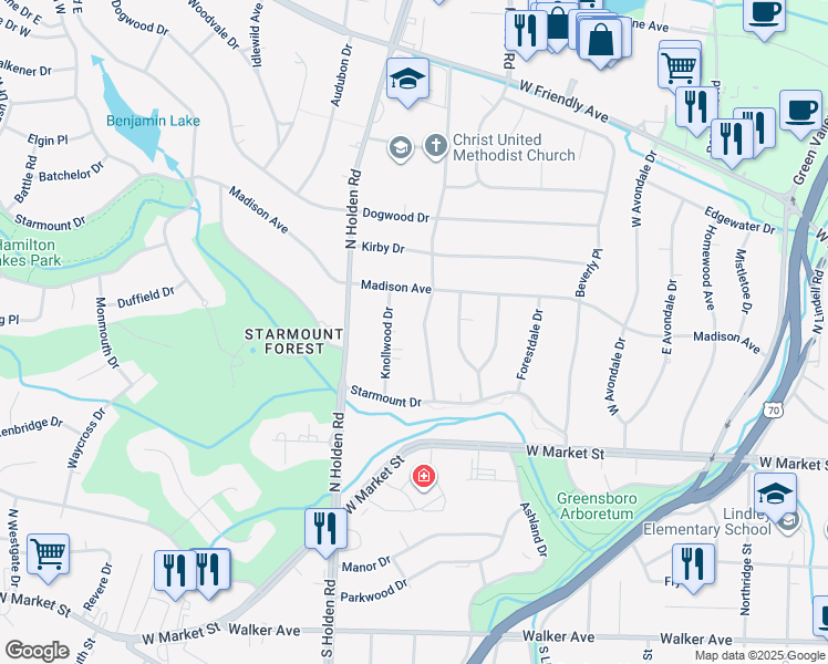 map of restaurants, bars, coffee shops, grocery stores, and more near 111 Wedgedale Avenue in Greensboro