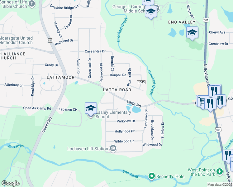 map of restaurants, bars, coffee shops, grocery stores, and more near 404 Latta Road in Durham