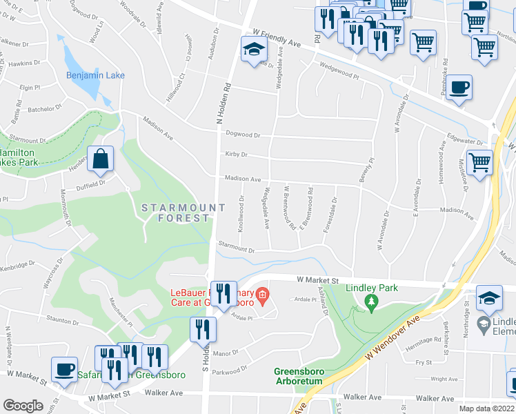 map of restaurants, bars, coffee shops, grocery stores, and more near 111 Wedgedale Avenue in Greensboro