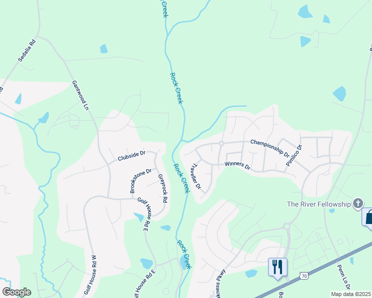 map of restaurants, bars, coffee shops, grocery stores, and more near 6607 Championship Drive in Whitsett
