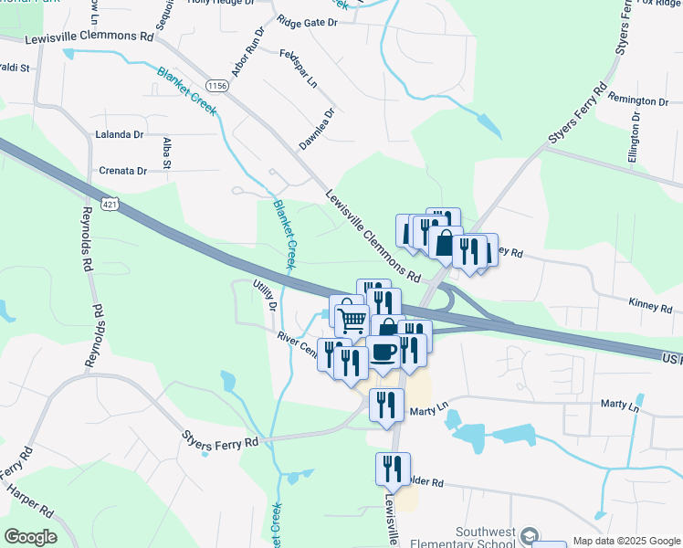 map of restaurants, bars, coffee shops, grocery stores, and more near 1310 Lewisville Clemmons Road in Lewisville