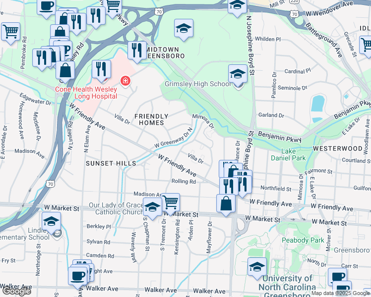 map of restaurants, bars, coffee shops, grocery stores, and more near 1862 Villa Drive in Greensboro