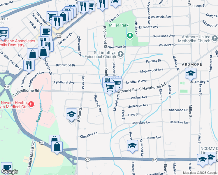 map of restaurants, bars, coffee shops, grocery stores, and more near 1415 South Hawthorne Road in Winston-Salem