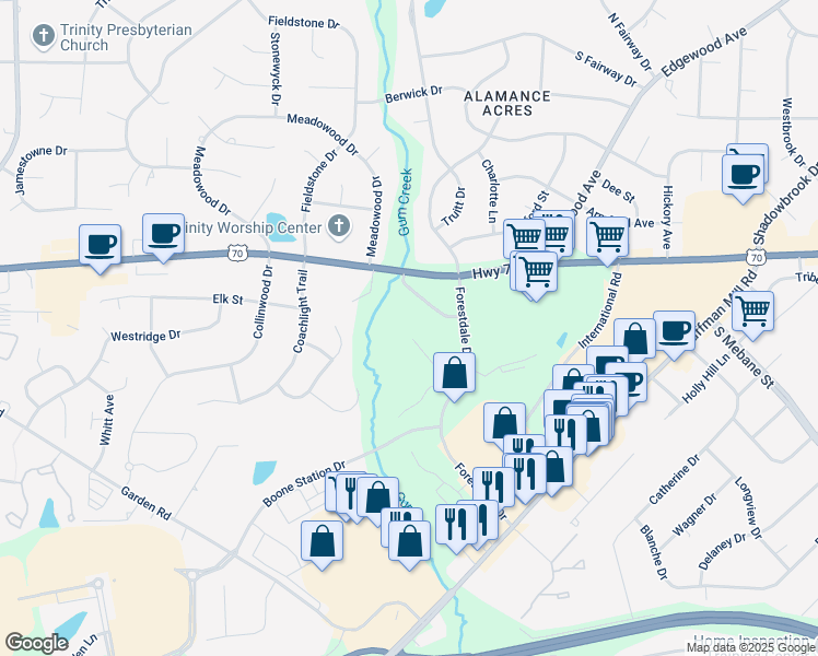 map of restaurants, bars, coffee shops, grocery stores, and more near 3485 Forestdale Drive in Burlington