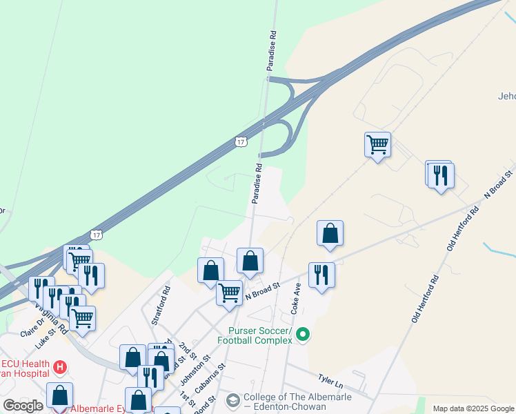map of restaurants, bars, coffee shops, grocery stores, and more near 1318 Paradise Road in Edenton