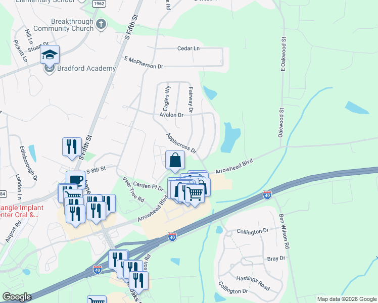 map of restaurants, bars, coffee shops, grocery stores, and more near 4151 Applecross Drive in Mebane