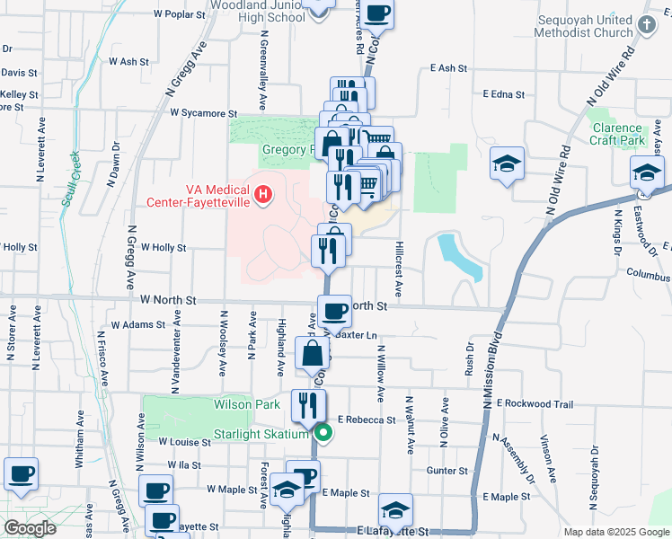 map of restaurants, bars, coffee shops, grocery stores, and more near 1160 North College Avenue in Fayetteville