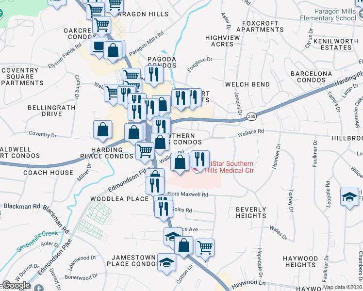 map of restaurants, bars, coffee shops, grocery stores, and more near 370 Wallace Road in Nashville