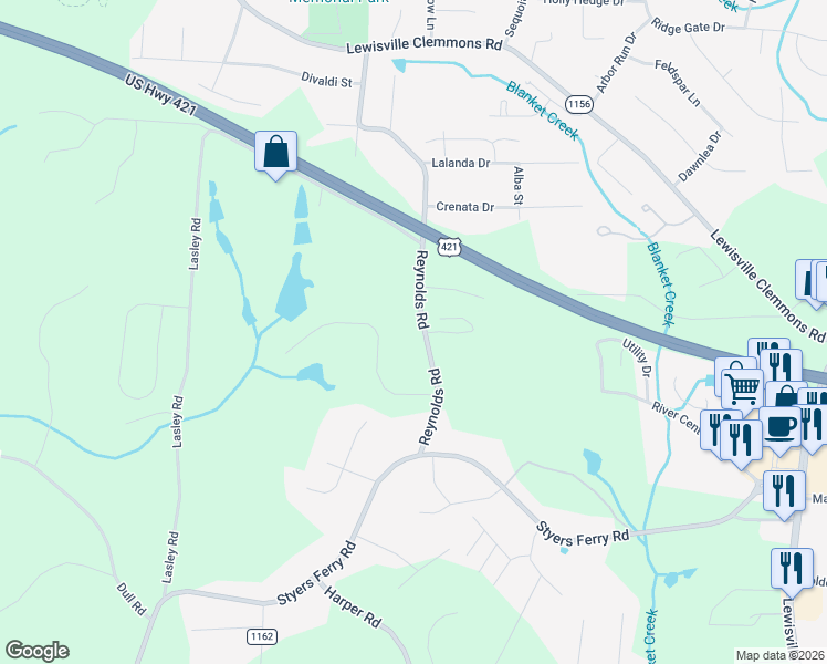 map of restaurants, bars, coffee shops, grocery stores, and more near 1109 Reynolds Road in Lewisville
