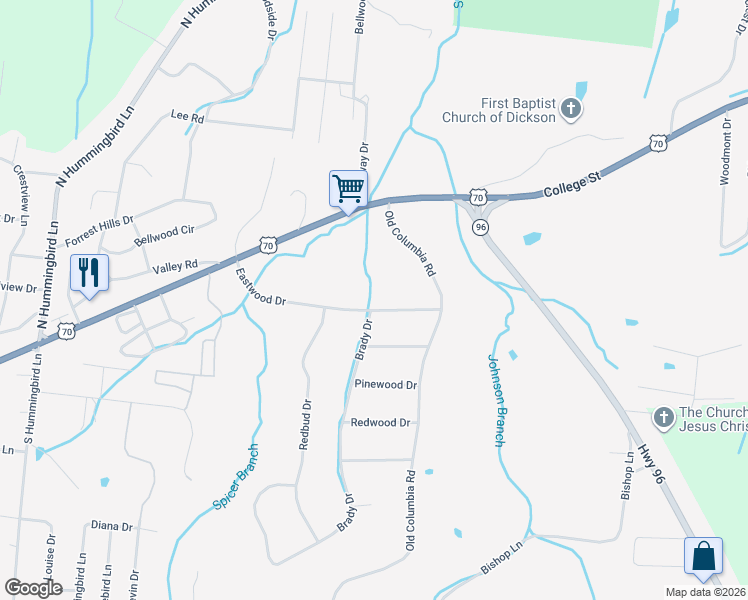 map of restaurants, bars, coffee shops, grocery stores, and more near 107 Eastwood Drive in Dickson
