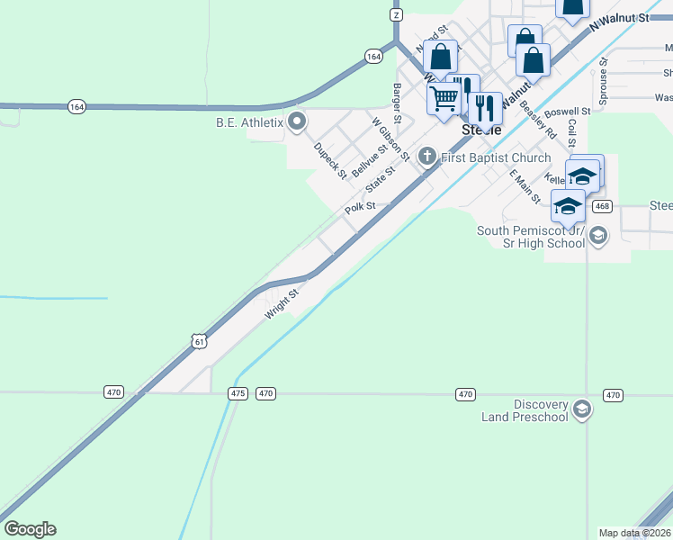 map of restaurants, bars, coffee shops, grocery stores, and more near 610-622 South Walnut Street in Steele
