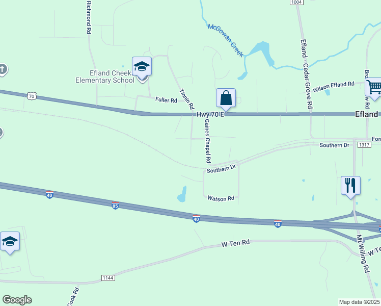 map of restaurants, bars, coffee shops, grocery stores, and more near 213 Efland Avenue in Efland
