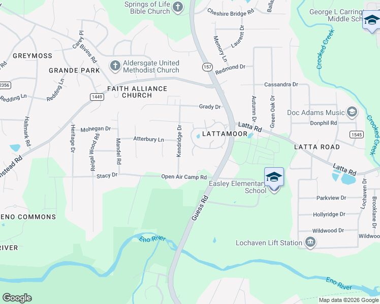 map of restaurants, bars, coffee shops, grocery stores, and more near 4818 Kendridge Drive in Durham
