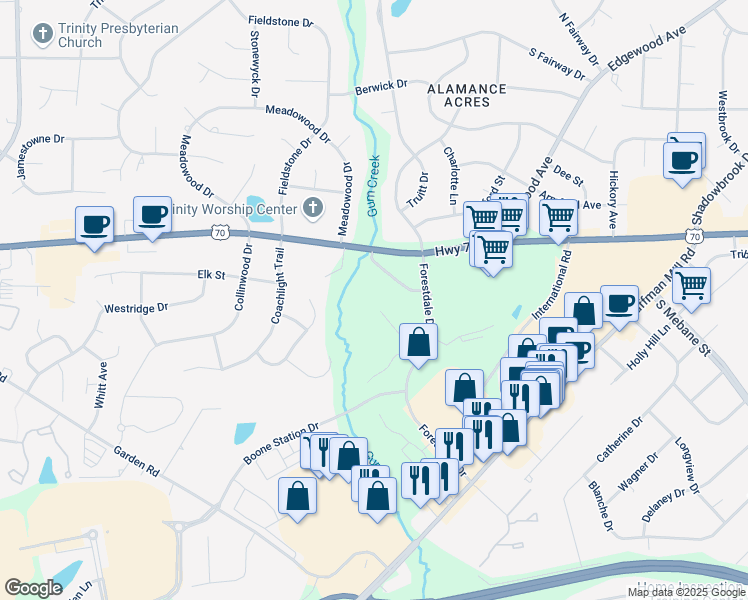 map of restaurants, bars, coffee shops, grocery stores, and more near 3485 Forestdale Drive in Burlington