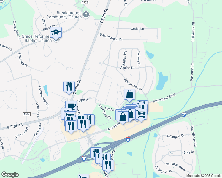 map of restaurants, bars, coffee shops, grocery stores, and more near 115 Carden Place Drive in Mebane