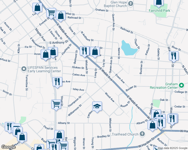 map of restaurants, bars, coffee shops, grocery stores, and more near 1406 Long Street in Burlington