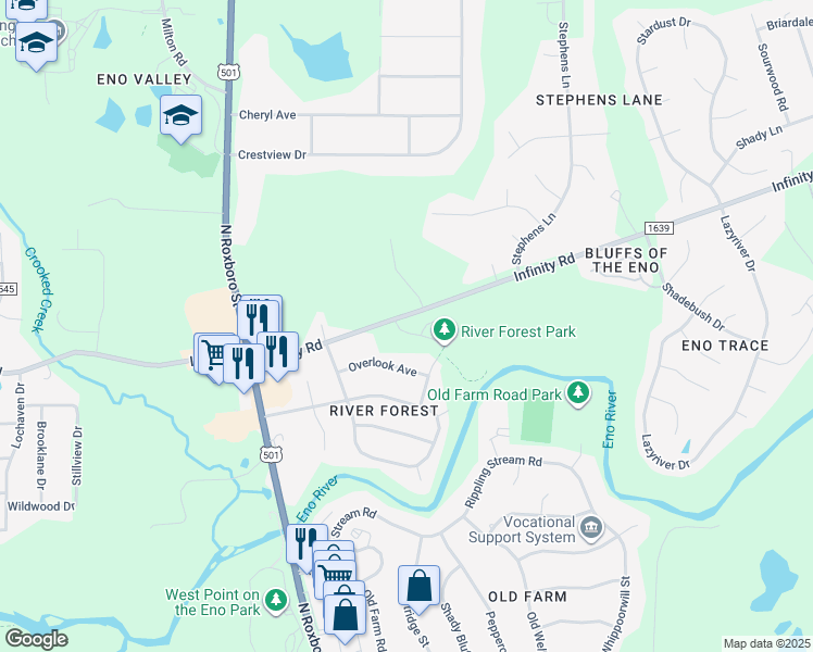 map of restaurants, bars, coffee shops, grocery stores, and more near 223 Overlook Avenue in Durham
