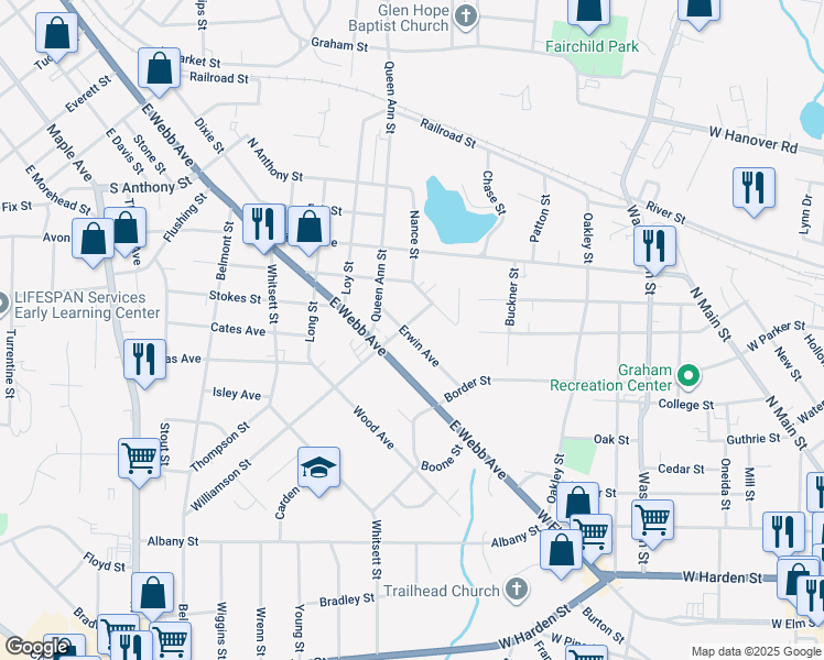 map of restaurants, bars, coffee shops, grocery stores, and more near 1704 Erwin Avenue in Burlington