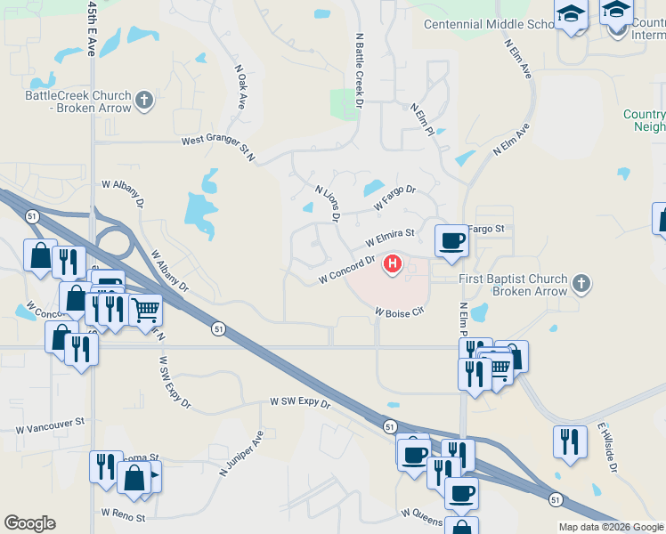 map of restaurants, bars, coffee shops, grocery stores, and more near 1205 West Dover Street in Broken Arrow