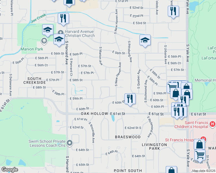 map of restaurants, bars, coffee shops, grocery stores, and more near 5918 South Marion Place in Tulsa