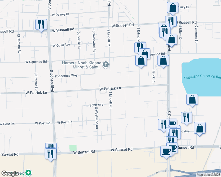 map of restaurants, bars, coffee shops, grocery stores, and more near South Lindell Road in Las Vegas