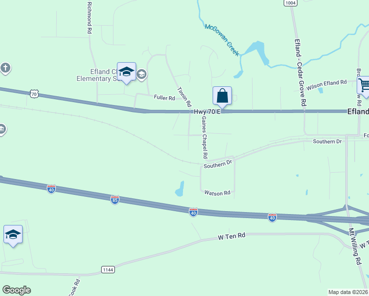 map of restaurants, bars, coffee shops, grocery stores, and more near 219 Gaines Chapel Road in Efland