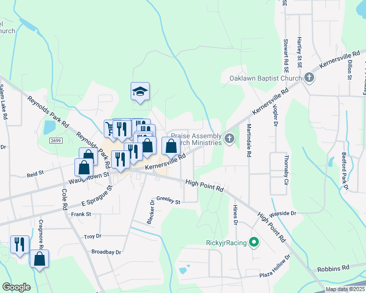 map of restaurants, bars, coffee shops, grocery stores, and more near 3103 Kernersville Road in Winston-Salem