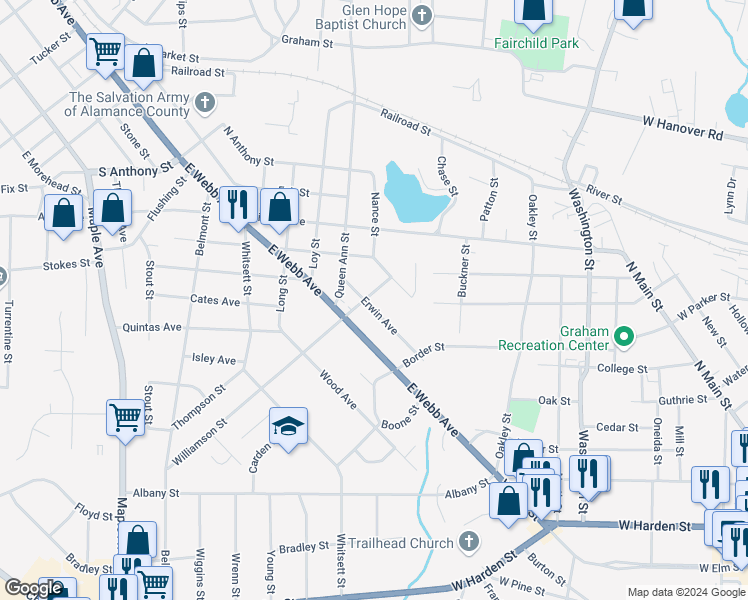 map of restaurants, bars, coffee shops, grocery stores, and more near 1704 Erwin Avenue in Burlington