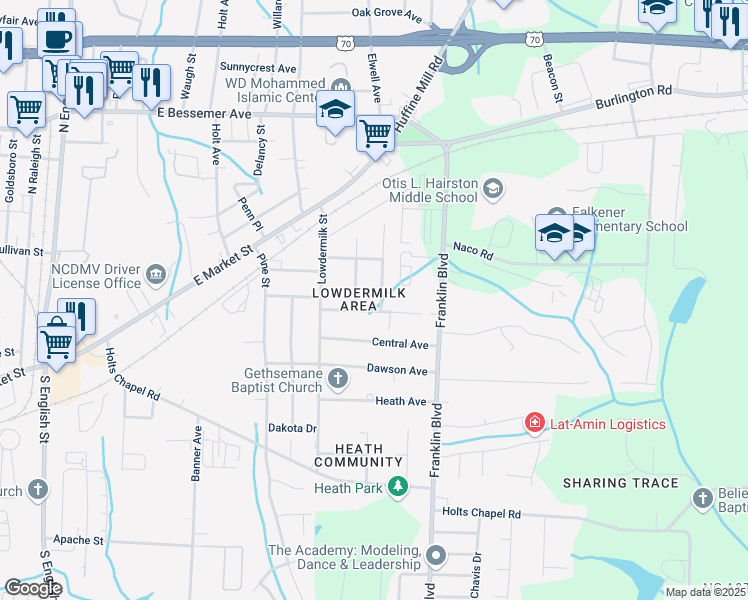 map of restaurants, bars, coffee shops, grocery stores, and more near 3812 Nash Street in Greensboro