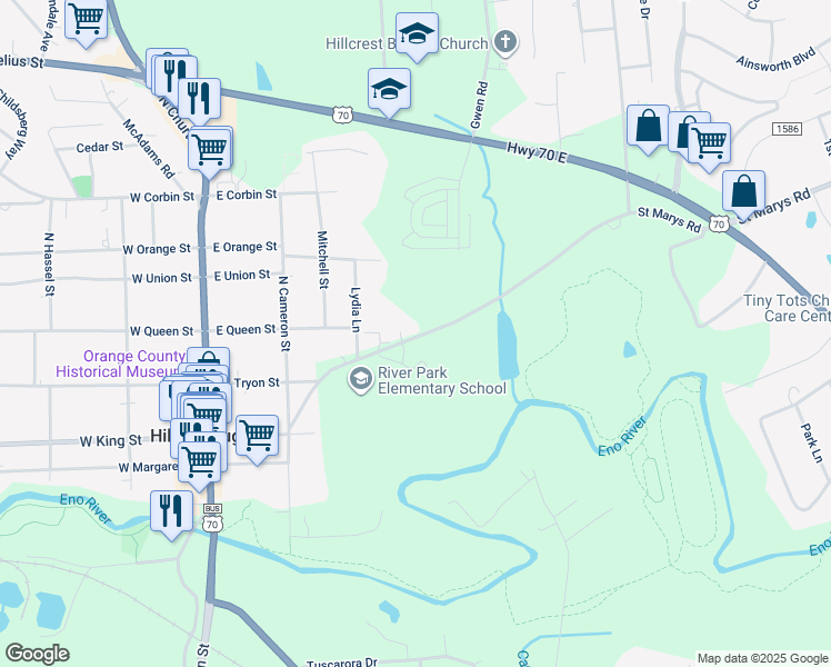 map of restaurants, bars, coffee shops, grocery stores, and more near 327 Saint Marys Road in Hillsborough
