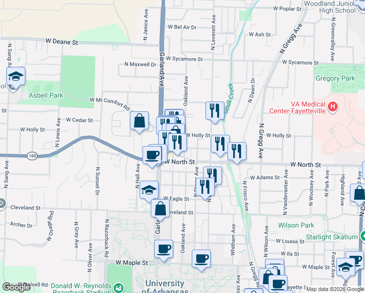map of restaurants, bars, coffee shops, grocery stores, and more near 1138 Oakland Avenue in Fayetteville