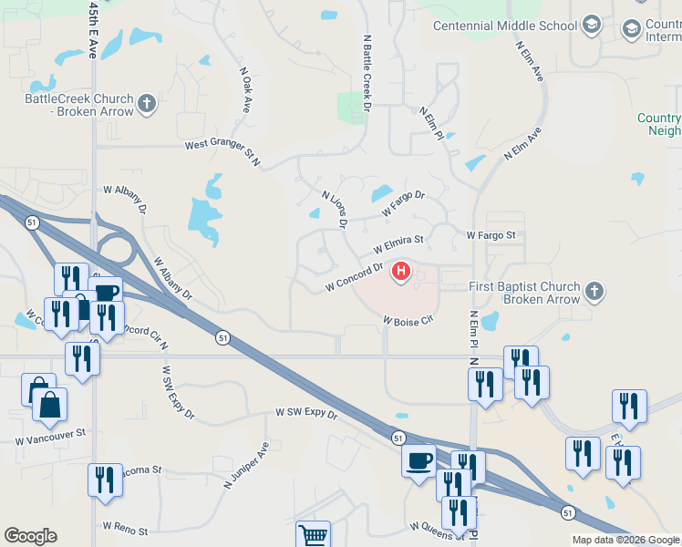 map of restaurants, bars, coffee shops, grocery stores, and more near 1205 West Dover Street in Broken Arrow