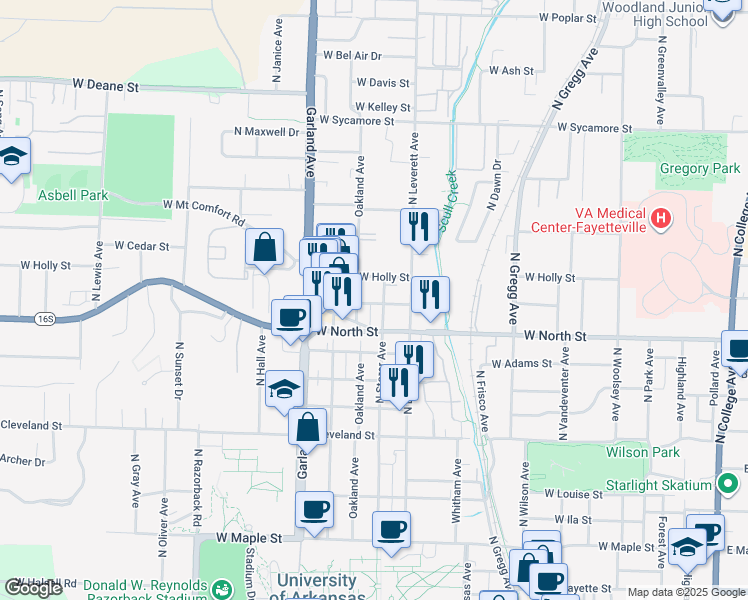 map of restaurants, bars, coffee shops, grocery stores, and more near 1138 Oakland Avenue in Fayetteville