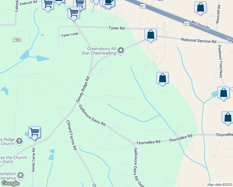 map of restaurants, bars, coffee shops, grocery stores, and more near 3501 Copperfield Drive in Jamestown