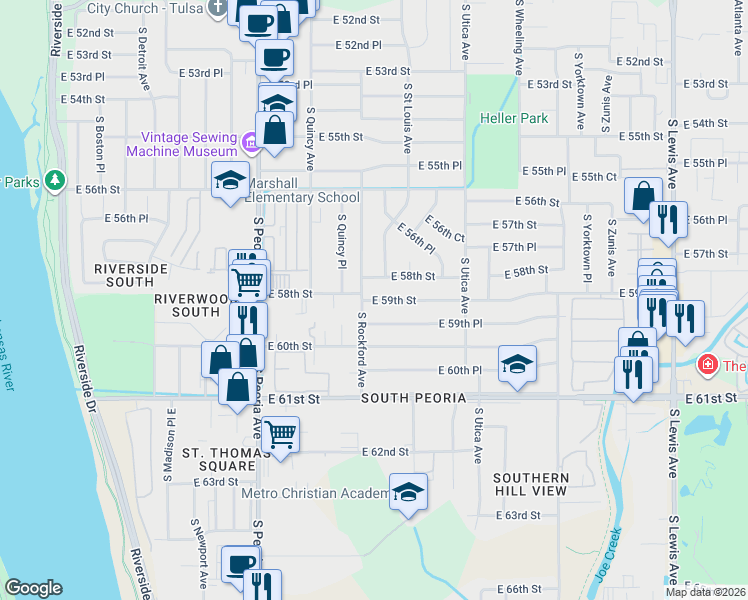 map of restaurants, bars, coffee shops, grocery stores, and more near 5920 South Rockford Avenue in Tulsa