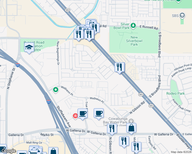 map of restaurants, bars, coffee shops, grocery stores, and more near 6098 Allred Place in Henderson