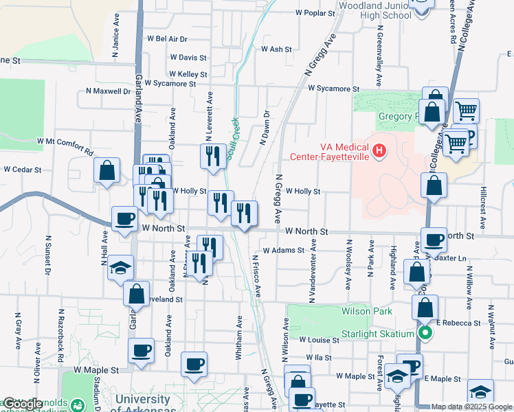 map of restaurants, bars, coffee shops, grocery stores, and more near 600 West North Street in Fayetteville