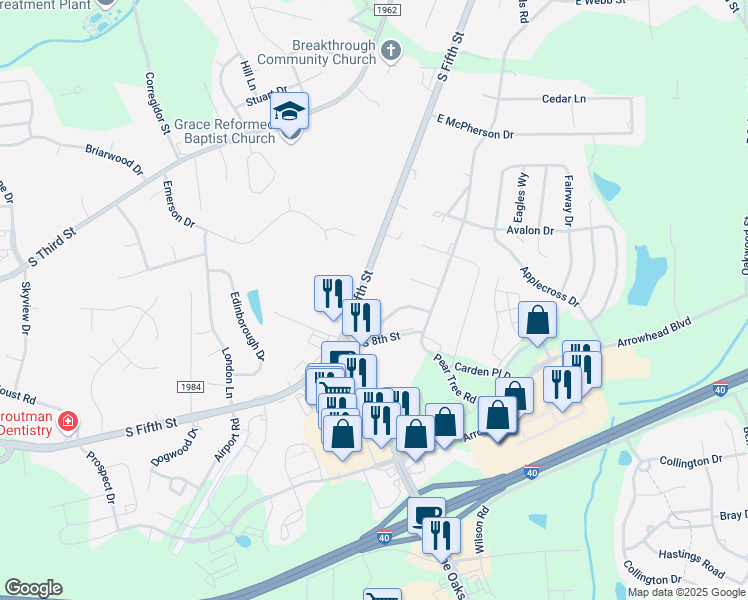 map of restaurants, bars, coffee shops, grocery stores, and more near 919 Arrowhead Lane in Mebane